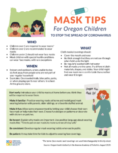 Flyer of mask tips for Oregon Children to stop the spread of coronavirus.